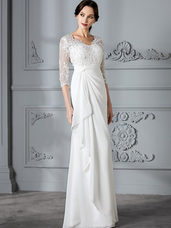 Sheath/Column Sleeves Chiffon V-neck 3/4 Floor-Length Wedding Dresses