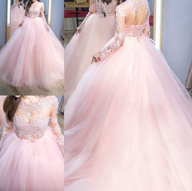 Long Sleeves Ball Jewel Train Sweep/Brush Gown Lace Tulle Dresses
