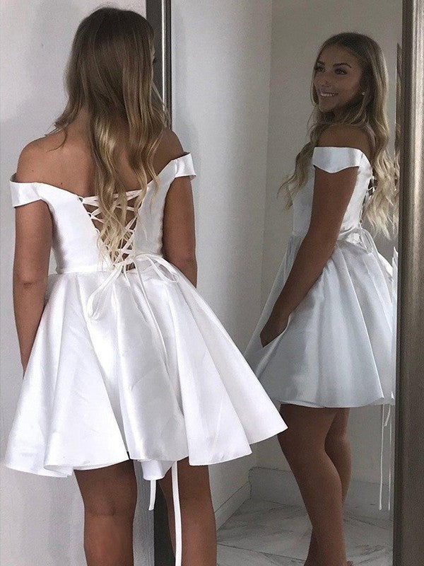 Satin A-Line/Princess Sleeveless Ruffles Off-the-Shoulder Short/Mini Homecoming Dress