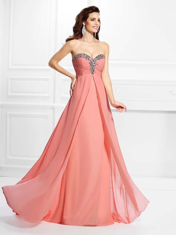 Sweetheart A-Line/Princess Beading Sleeveless Long Chiffon Dresses
