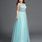 Sleeveless Long Rhinestone Scoop Tulle A-Line/Princess Plus Size Dresses