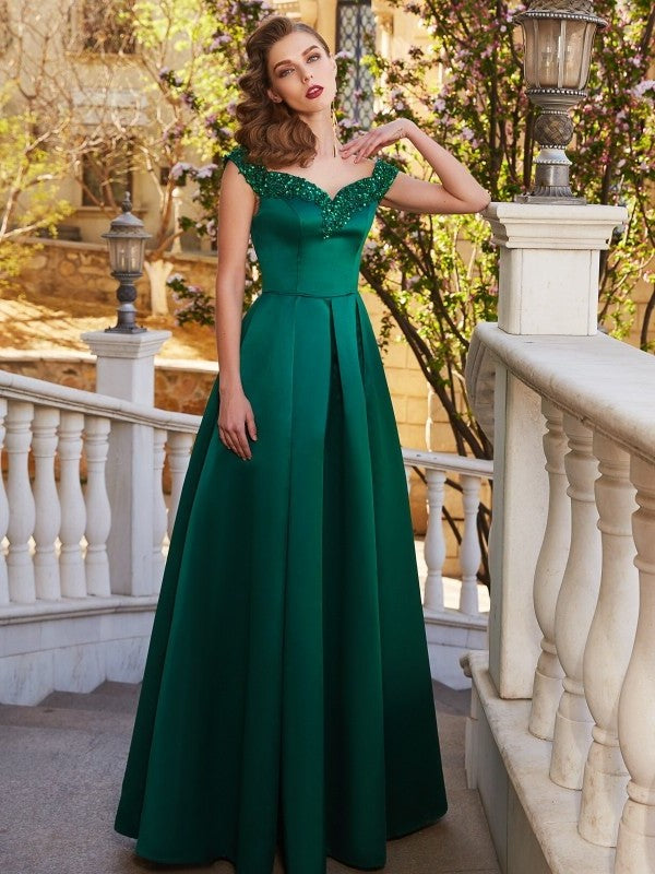 Sleeveless Off-the-Shoulder A-Line/Princess Sequin Satin Floor-Length Dresses