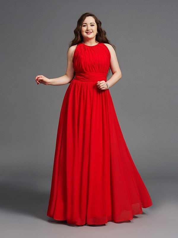 Jewel Long Sleeveless Chiffon A-Line/Princess Ruched Plus Size Dresses