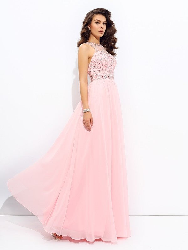 Sleeveless Jewel A-line/Princess Beading Long Chiffon Dresses