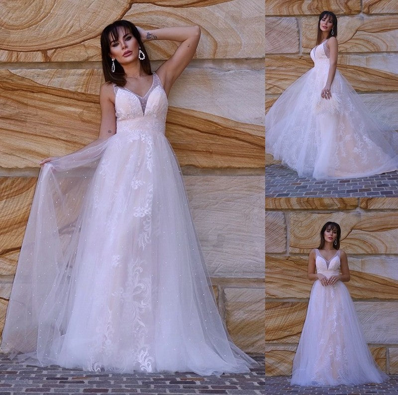 A-Line/Princess Applique Sleeveless Lace Sweep/Brush V-neck Train Wedding Dresses