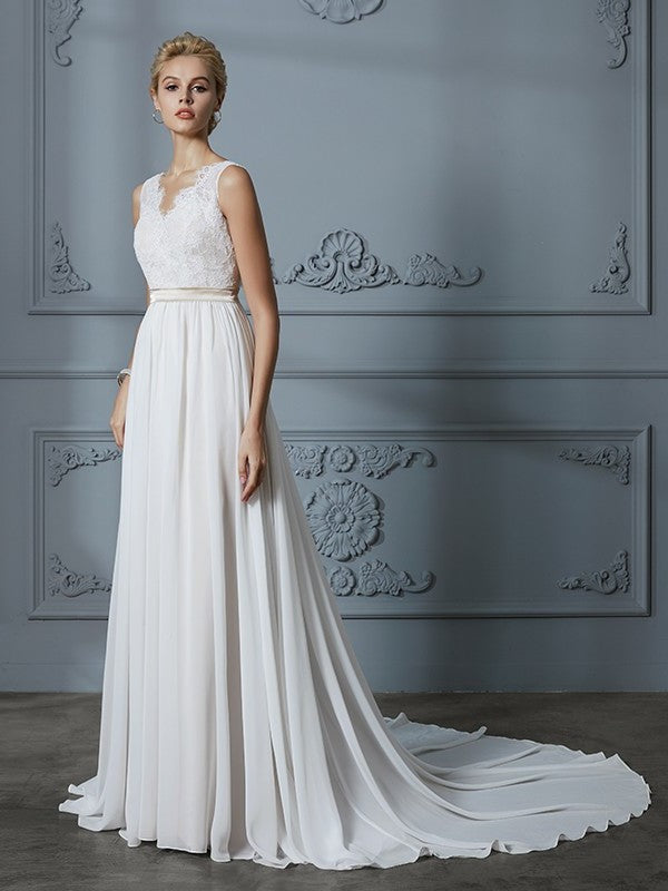 V-neck A-Line/Princess Chiffon Court Sleeveless Train Wedding Dresses