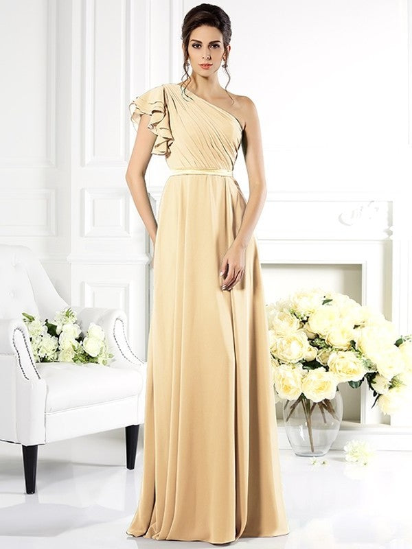 Long Sleeveless One-Shoulder Ruffles A-Line/Princess Chiffon Bridesmaid Dresses