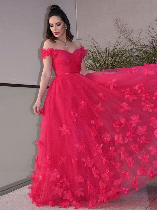 A-Line/Princess Tulle Hand-Made Off-the-Shoulder Flower Sleeveless Floor-Length Dresses