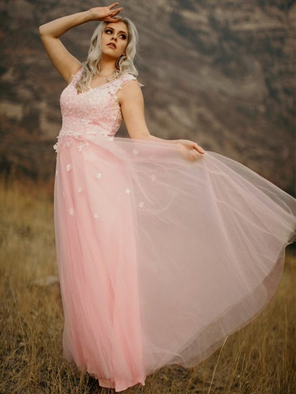 Sleeveless Sweetheart A-Line/Princess Tulle Applique Floor-Length Dresses