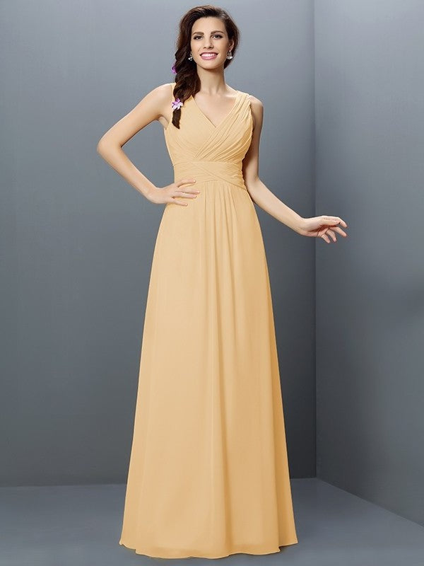 V-neck Long Sleeveless A-Line/Princess Pleats Chiffon Bridesmaid Dresses
