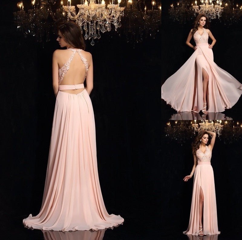 Lace A-Line/Princess Halter Sleeveless Long Chiffon Dresses
