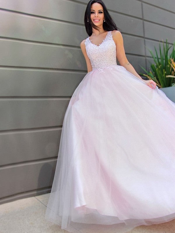 Sleeveless A-Line/Princess V-neck Applique Tulle Floor-Length Dresses