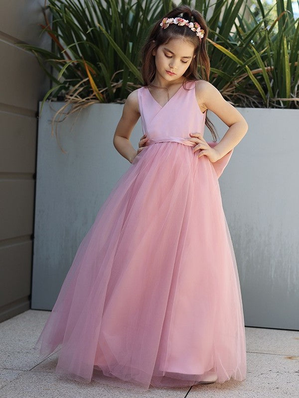 Bowknot V-neck A-Line/Princess Tulle Sleeveless Floor-Length Flower Girl Dresses