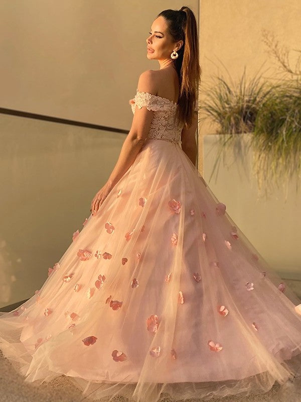 Sleeveless A-Line/Princess Flower Tulle Off-the-Shoulder Hand-Made Floor-Length Two Piece Dresses
