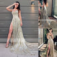 A-Line/Princess Straps Sleeveless Ruched Sequins Sweep/Brush Train Dresses