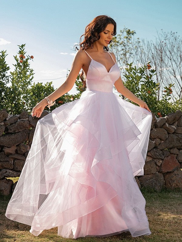 Tulle V-neck A-Line/Princess Ruffles Sleeveless Floor-Length Dresses