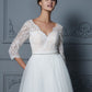 3/4 A-Line/Princess V-neck Floor-Length Sleeves Lace Tulle Wedding Dresses