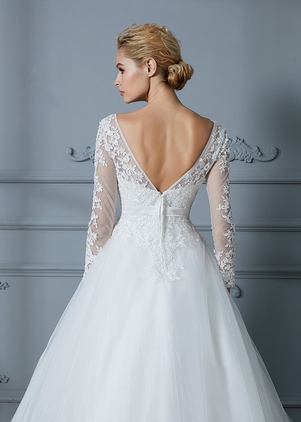 Gown Lace Long Train Ball V-neck Sleeves Court Tulle Wedding Dresses