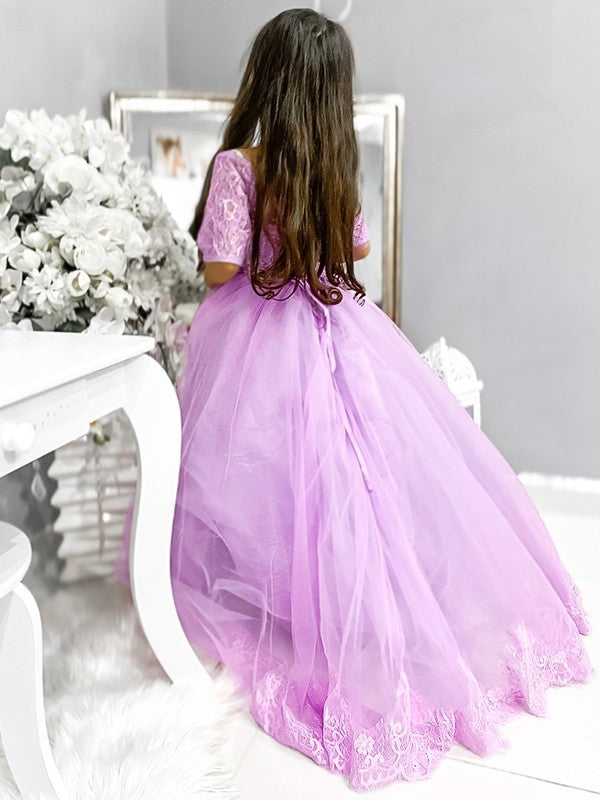 Tulle Sleeves Ball 1/2 Off-the-Shoulder Sweep/Brush Lace Gown Train Flower Girl Dresses