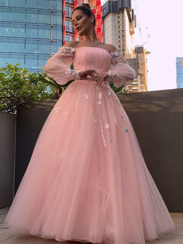 Flower Hand-Made Long Gown Ball Tulle Sleeves Off-the-Shoulder Floor-Length Dresses