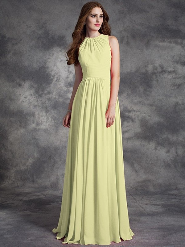 Long Ruffles A-line/Princess Sleeveless Jewel Chiffon Bridesmaid Dresses
