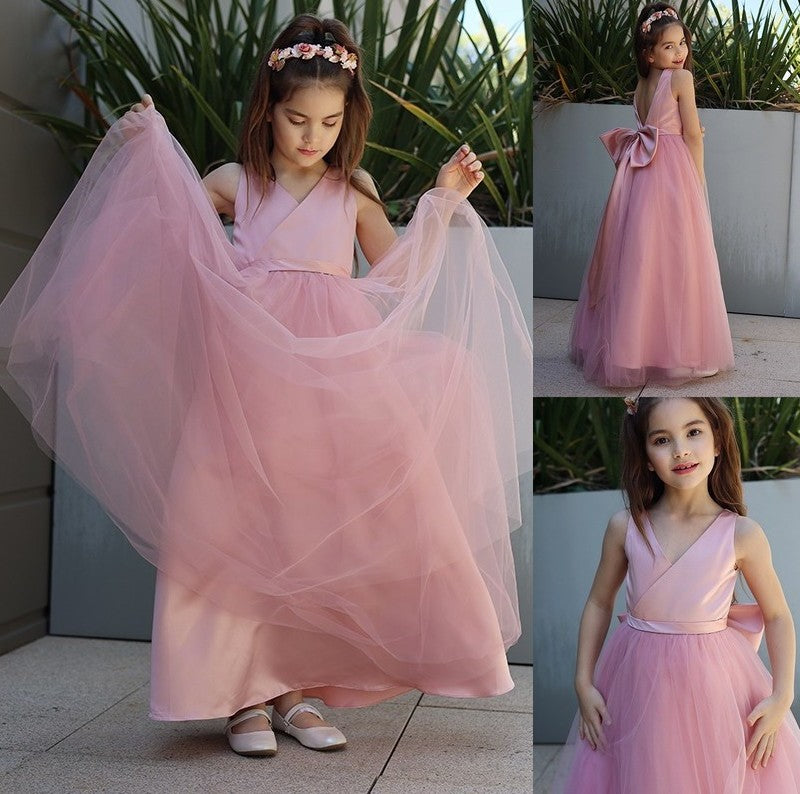 Bowknot V-neck A-Line/Princess Tulle Sleeveless Floor-Length Flower Girl Dresses