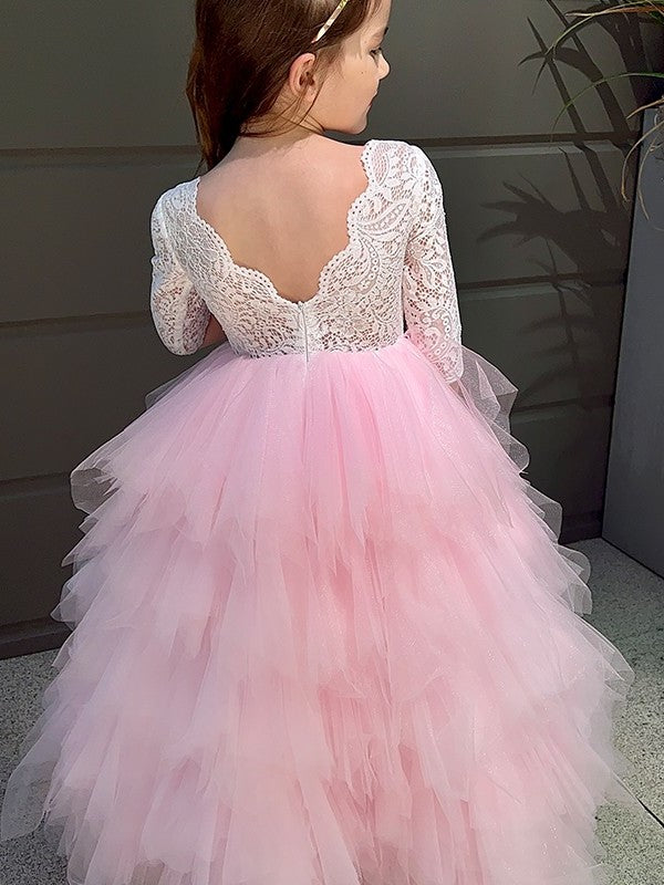 Sleeves 3/4 A-Line/Princess Tulle Scoop Lace Ankle-Length Flower Girl Dresses