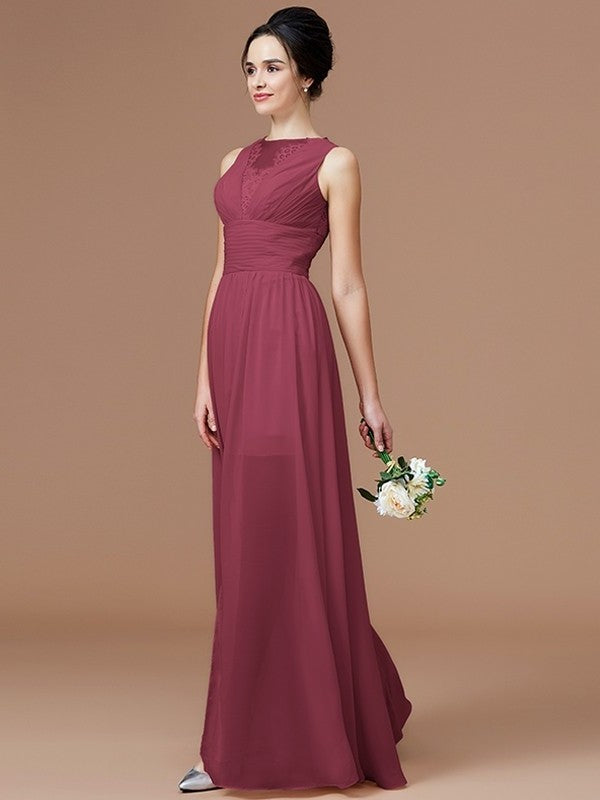 Sleeveless Jewel A-Line/Princess Ruched Floor-Length Chiffon Bridesmaid Dresses