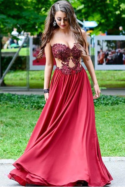 Sweetheart Appliques Beading Strapless Red A-Line Chiffon See-through Fashion Prom Dresses JS247