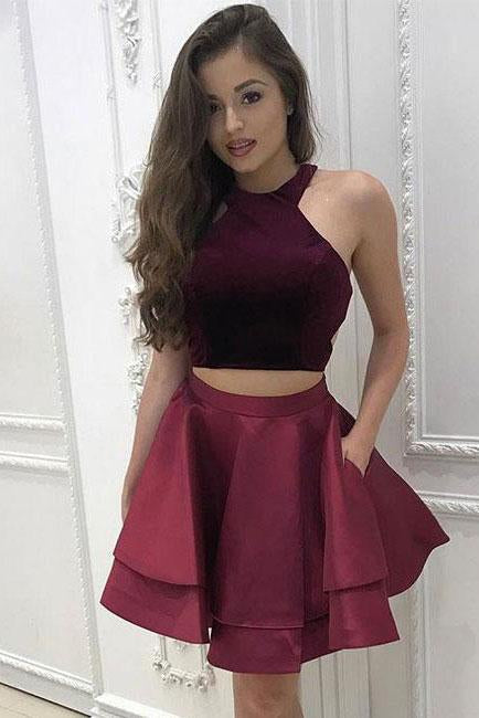 A-Line Two Pieces Scoop Short Satin Burgundy Halter Above Knee Homecoming Dress JS300