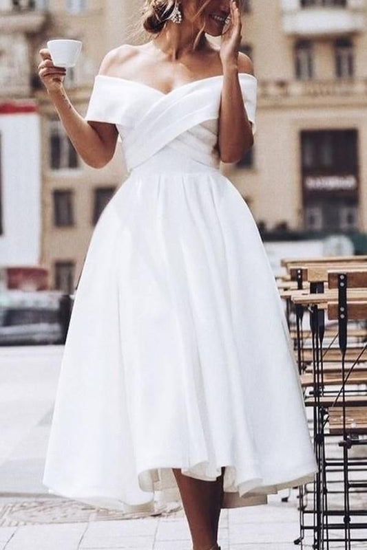 Pleated Off-the-shoulder White Prom Dress Tea-Length,Short Wedding Dresses