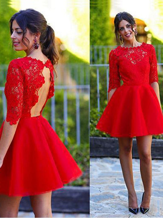 A-Line Amani Princess Homecoming Dresses Scoop 1/2 Sleeves Lace Short