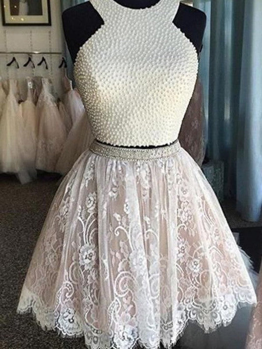 Homecoming Dresses A-Line Princess Sleeveless Halter Pearls Jaylah Short Lace Two Piece