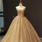 Ball Gown Prom Dress with Pockets Beads Sequins Floor-Length Gold Quinceanera Dresses