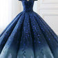 Ball Gown Navy Blue Lace Applique Ombre Off the Shoulder Princess Prom Dresses,Quinceanera Dresse PW269