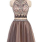 A-Line Beads Charming High Neck Open Back Two Pieces Tulle Homecoming Dresses For Teens JS401