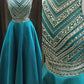 Two Pieces Beaded Crew Neck Prom Dress-Zipper-up Satin Long Prom Dresses JS842