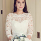 See-through Neckline Lace White Wedding Dresses 3/4 Sleeves