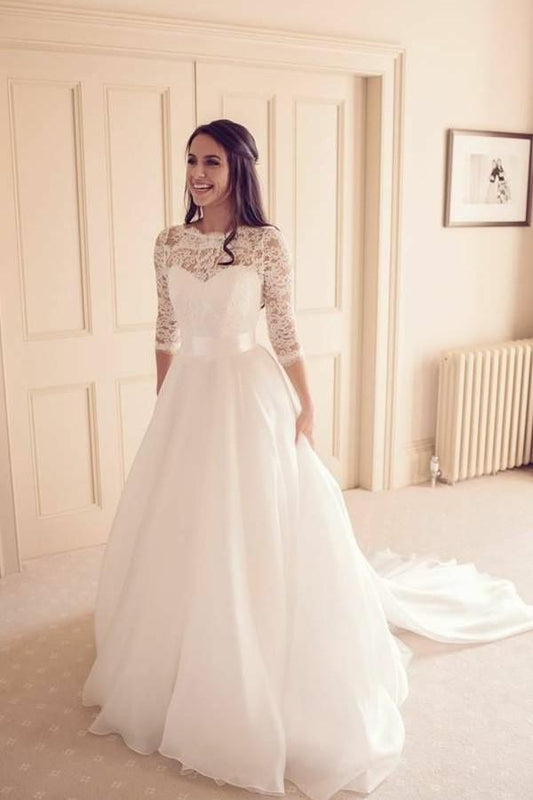 See-through Neckline Lace White Wedding Dresses 3/4 Sleeves