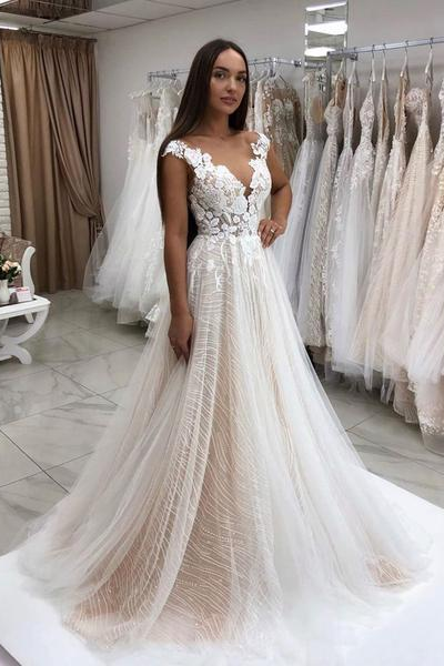 Timeless Lace Sparkly Sequins Tulle A-Line Wedding Dress With Appliques Gown