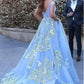Wonderful Off-the-shoulder Ball Gown Formal Blue Lace Appliques Long Quinceanera Dresses JS1119