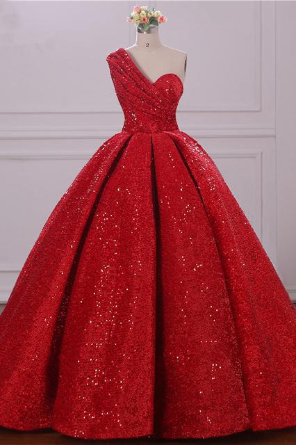 Ball Gown One Shoulder Sequins Red Sweetheart Prom Dresses Quinceanera Dresses JS39