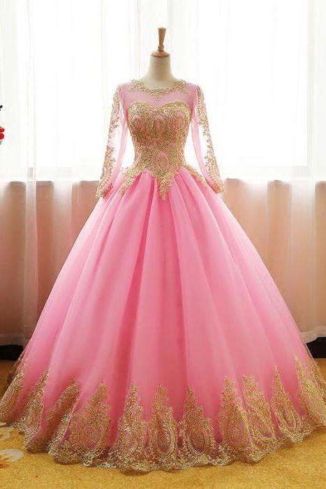 Ball Gown Long Sleeve Gold Rose Red Tulle Round Neck Lace up Prom Quinceanera Dresses JS147