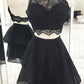 Fashion A Line Two Pieces Halter Backless Black Lace Short Homecoming Dresses JS983